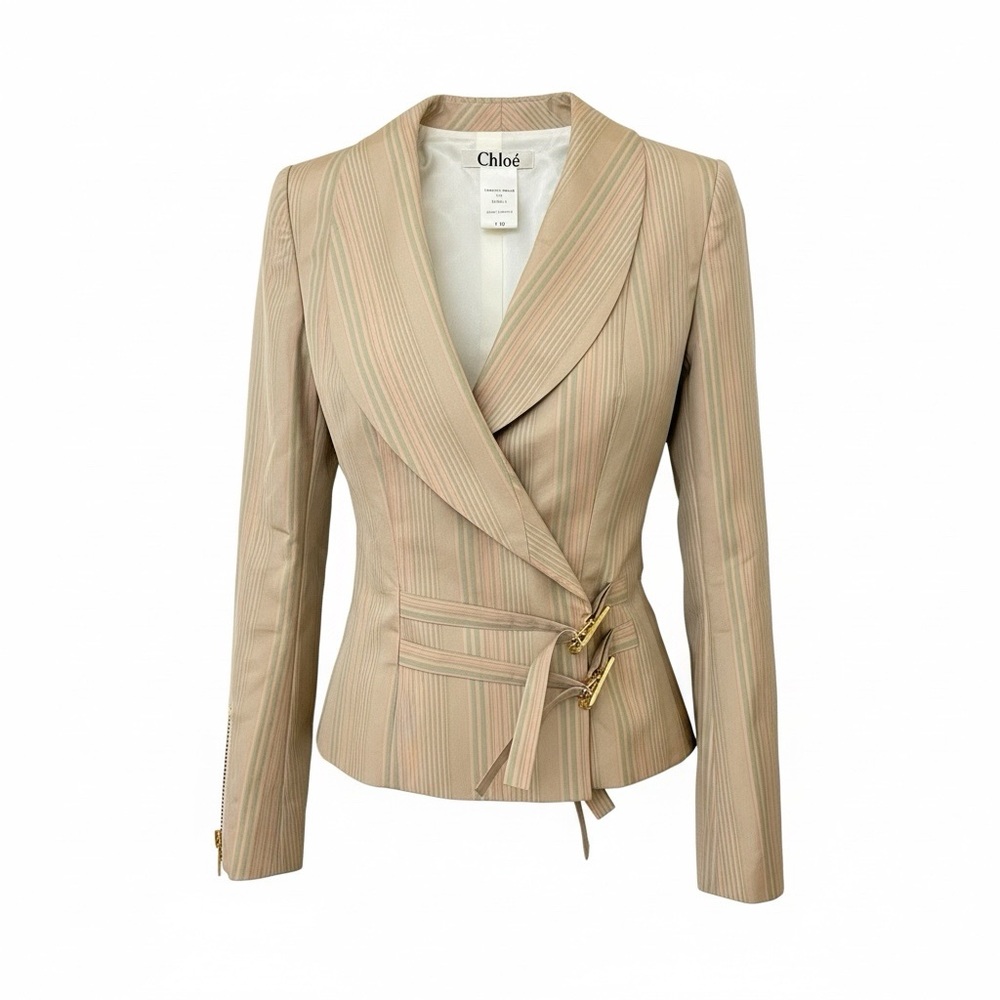 Chloé Beige Pinstripe Wrap Blazer with Gold Buckles